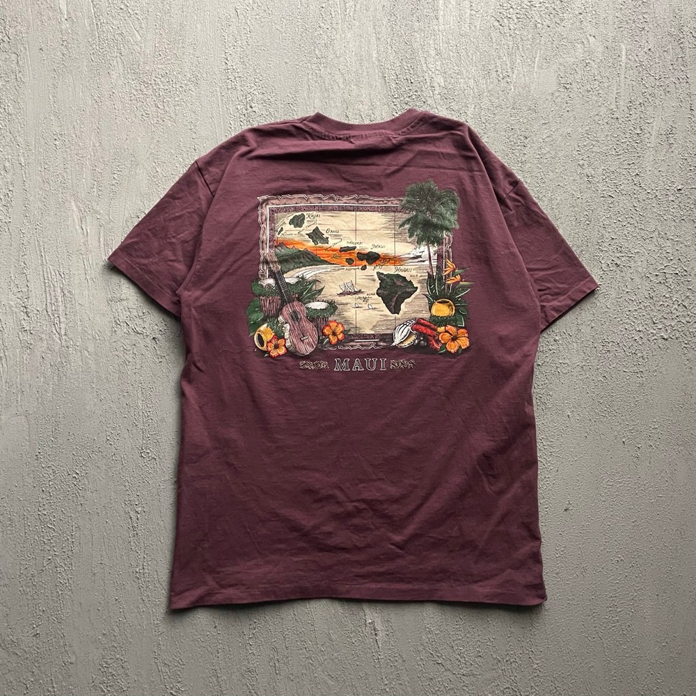 Vintage Maui Hawaii Map Graphic T Shirt Mens XL Burgundy 90s Anvil